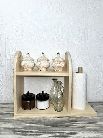 O&a Wood Doğal Ahşap Mutfak-Banyo Rafı Tezgah Üstü Düzenleyici Baharatlık Organizer Raf