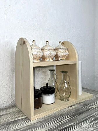 O&a Wood Doğal Ahşap Mutfak-Banyo Rafı Tezgah Üstü Düzenleyici Baharatlık Organizer Raf