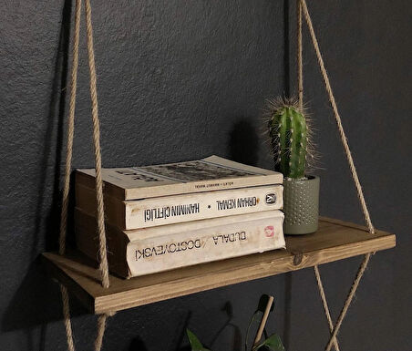 O&A Wood Halatlı Doğal Ahşap Dekoratif Duvar Rafı, 3 Katlı Ahşap Çiçeklik, Retro Hasır Ipli Ahşap