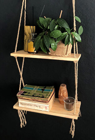 O&A Wood 2 Katlı Ahşap Çiçeklik, Halatlı Doğal Ahşap Dekoratif Duvar Rafı, Retro Hasır Renksiz Vernikli Raf