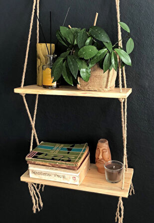O&A Wood 2 Katlı Ahşap Çiçeklik, Halatlı Doğal Ahşap Dekoratif Duvar Rafı, Retro Hasır Renksiz Vernikli Raf