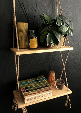 O&A Wood 2 Katlı Ahşap Çiçeklik, Halatlı Doğal Ahşap Dekoratif Duvar Rafı, Retro Hasır Renksiz Vernikli Raf