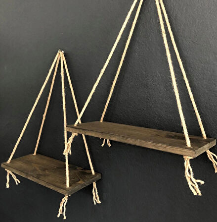 O&A Wood 2'li Halatlı Doğal Ahşap Raf, Dekoratif Duvar Rafı, Ceviz