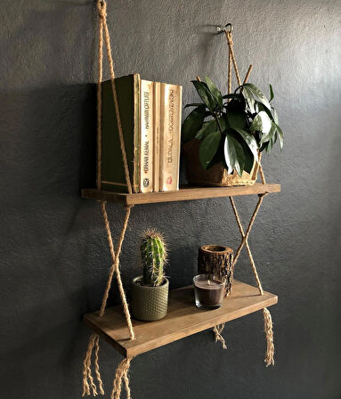 O&A Wood Halatlı Doğal Ahşap Dekoratif Duvar Rafı, 2 Katlı Ahşap Çiçeklik, Retro Ahşap Uçan Raf
