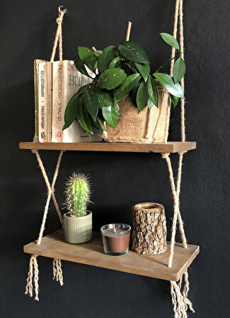 O&A Wood Halatlı Doğal Ahşap Dekoratif Duvar Rafı, 2 Katlı Ahşap Çiçeklik, Retro Ahşap Uçan Raf