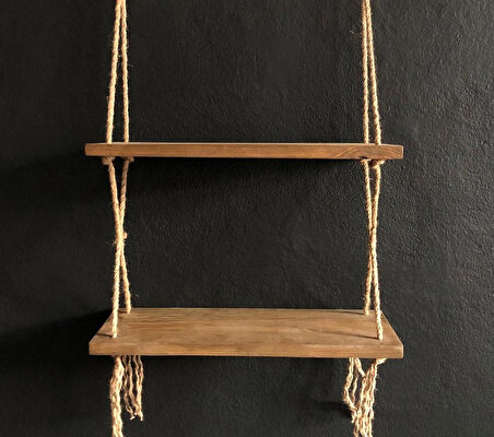O&A Wood Halatlı Doğal Ahşap Dekoratif Duvar Rafı, 2 Katlı Ahşap Çiçeklik, Retro Ahşap Uçan Raf