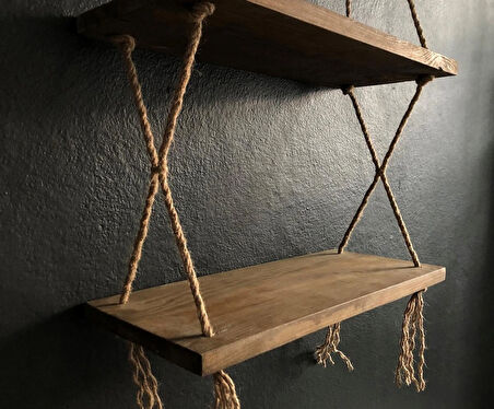 O&A Wood Halatlı Doğal Ahşap Dekoratif Duvar Rafı, 2 Katlı Ahşap Çiçeklik, Retro Ahşap Uçan Raf