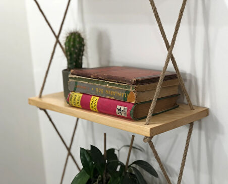 O&A Wood Halatlı Doğal Ahşap Dekoratif Duvar Rafı, 3 Katlı Ahşap Çiçeklik, Retro Hasır Ipli Ahşap, Renksiz