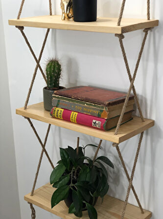 O&A Wood Halatlı Doğal Ahşap Dekoratif Duvar Rafı, 3 Katlı Ahşap Çiçeklik, Retro Hasır Ipli Ahşap, Renksiz