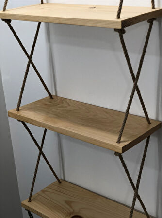 O&A Wood Halatlı Doğal Ahşap Dekoratif Duvar Rafı, 3 Katlı Ahşap Çiçeklik, Retro Hasır Ipli Ahşap, Renksiz