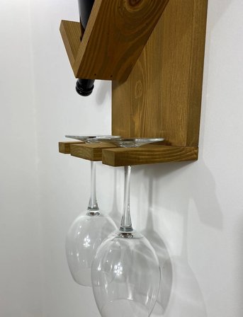 O&A Wood Doğal Ahşap Vintage Şaraplık, 2 Şişe 2 Kadeh Bölmeli Ahşap Şaraplık Açık Meşe
