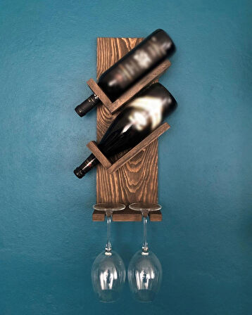 O&A Wood Doğal Ahşap Vintage Şaraplık, 2 Şişe 2 Kadeh Bölmeli Ahşap Şaraplık Ceviz