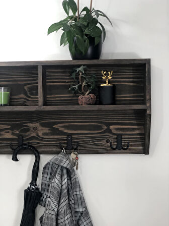 O&A Wood Doğal Ahşap Vestiyer, Dekoratif 4 Askılı Portmanto, Raflı 2 Bölmeli Vintage Elbise Askısı Ceviz