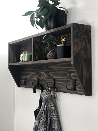 O&A Wood Doğal Ahşap Vestiyer, Dekoratif 4 Askılı Portmanto, Raflı 2 Bölmeli Vintage Elbise Askısı Ceviz