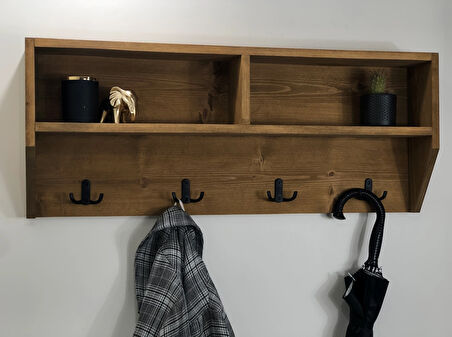 O&a Wood Doğal Ahşap Vestiyer, Dekoratif 4 Askılı Portmanto, Raflı 2 Bölmeli Vintage Elbise Askısı Açık Meşe