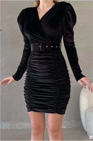Bezos Esnek Kemerli Kadife Elbise Abiye V Yaka Kumaş · Renk: Siyah · Beden: M OB