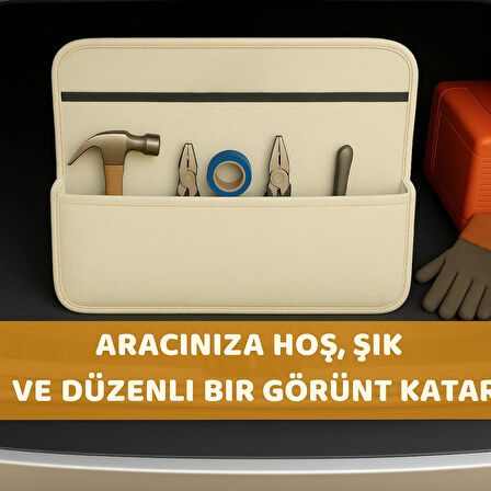 Beylini Premium Keçe Araç Bagaj Organizeri Suya Dayanıklı Pratik Taşınabilir Katlanabilir Seyahat Çantası Araç Içi Düzenleme Kutusu Bej