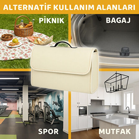 Beylini Premium Keçe Araç Bagaj Organizeri Suya Dayanıklı Pratik Taşınabilir Katlanabilir Seyahat Çantası Araç Içi Düzenleme Kutusu Bej