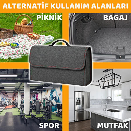 Beylini Premium Keçe Araç Bagaj Organizeri Suya Dayanıklı Pratik Taşınabilir Katlanabilir Seyahat Çantası Araç Içi Düzenleme Kutusu Gri