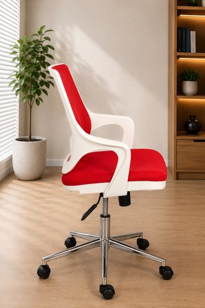 Ergonomik Ofis Koltuğu Kırmızı – File Sırtlı, Bel Destekli, Tekerlekli Çalışma Sandalyesi