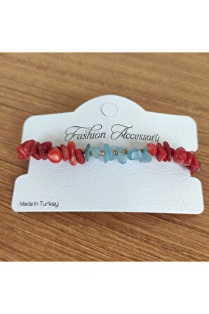 Kırmızı Mercan & Akuamarin Doğal Taş El Yapımı Bileklik