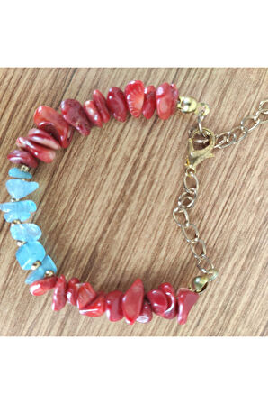 Kırmızı Mercan & Akuamarin Doğal Taş El Yapımı Bileklik