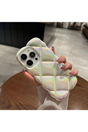 iPhone 13 Pro Uyumlu Geometrik Dilimli Hologramlı Baklava Şişme Puf Koruyucu Kapak Kılıf