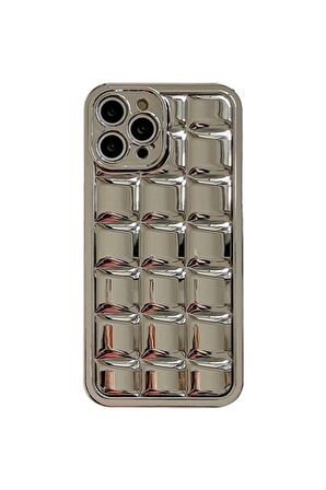 Iphone 15 Pro Max Uyumlu 3D Kare Detaylı Silver Kapak Telefon Kılıfı