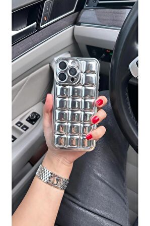 Iphone 13 Uyumlu 3D Kare Detaylı Silver Kapak Telefon Kılıfı
