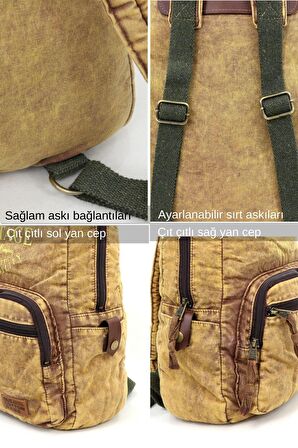 Old Cotton 5055 Rabel Açık Kahve Kumaş Salaş Vintage Sırt Okul Seyahat 15 inç Laptop Tablet Çantası