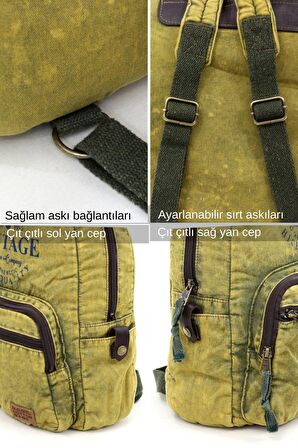Old Cotton 5055 Rabel Zeytin Yeşili Kumaş Salaş Vintage Sırt Okul Seyahat 15inç Laptop Tablet Çantası