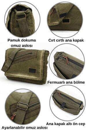 Old Cotton Cargo 7136 Asker Yeşili Haki Günlük Omuz Postacı Kanvas Okul 14 inch Laptop Çantası