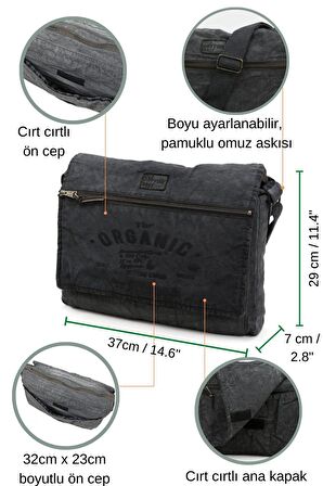 Salaş Kanvas Omuz Postacı Antrasit Siyah Laptop Okul Seyahat Günlük Vintage Çanta
