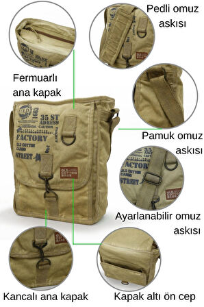 8184 New Ferdosi Salaş Camel Kanvas Omuz Postacı Laptop OkulSeyahat Günlük Outdoor Vintage Yıkamalı Pamuk Kumaş Çanta