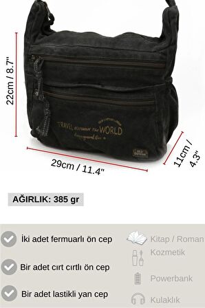 8704 Jayla Siyah Antrasit Günlük Omuz Çantası Kanvas Vintage Seyahat Tablet Çantası
