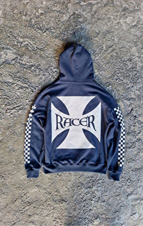 Racer Kapüşonlu Motorcu Lacivert Sweatshirt