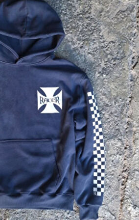 Racer Kapüşonlu Motorcu Lacivert Sweatshirt