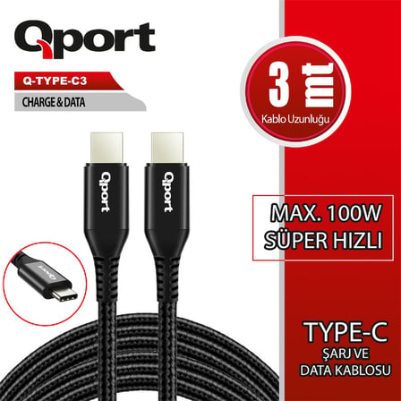 2'li Paket Qport Q-TYPE-C3 3 Metre Type-C 100W PD Şarj ve Data Kablosu