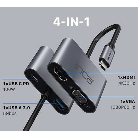 Inca ITPC-06T Type-C Hub X4 HDMI 4K@30 Hz+ Vga+ USB 3.0+PD 100W Alüminyum Kasa Çoklayıcı