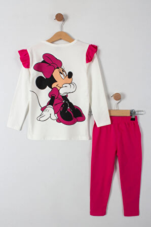Minnie Yazı Baskılı Kolları Fırfırlı Taytlı Kız Çocuk Alt Üst Takım
