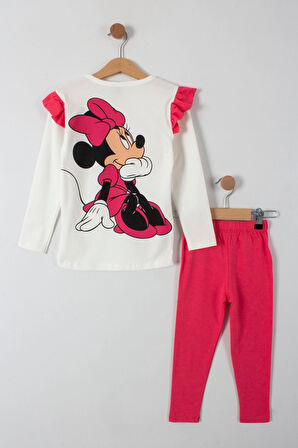 Minnie Yazı Baskılı Kolları Fırfırlı Taytlı Kız Çocuk Alt Üst Takım