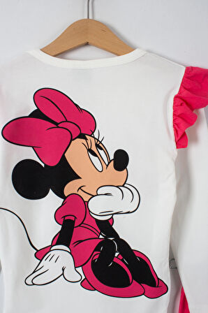 Minnie Yazı Baskılı Kolları Fırfırlı Taytlı Kız Çocuk Alt Üst Takım