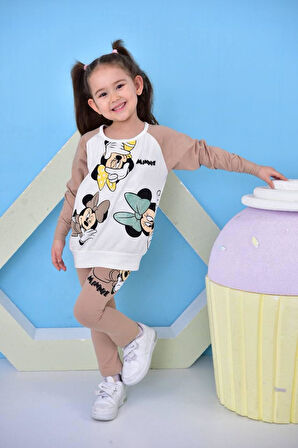 Küçük Minnie Mouse Baskılı Kız Çocuk Taytlı Alt Üst Takım