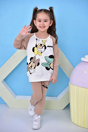 Küçük Minnie Mouse Baskılı Kız Çocuk Taytlı Alt Üst Takım