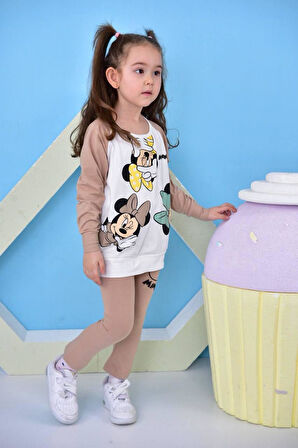 Küçük Minnie Mouse Baskılı Kız Çocuk Taytlı Alt Üst Takım