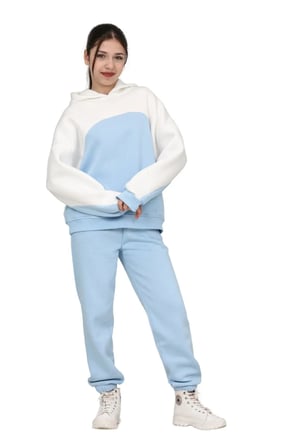 Kız Çocuk Paçası Lastikli, Garnili Oversize 3 I?plik Şardonlu I?çi Pamuklu Eşofman Takımı