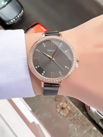 Ferrucci Kadın Siyah Hasır Metal Kordon Rose Gold Taşlı Kol Saati 2 Yıl Garantili