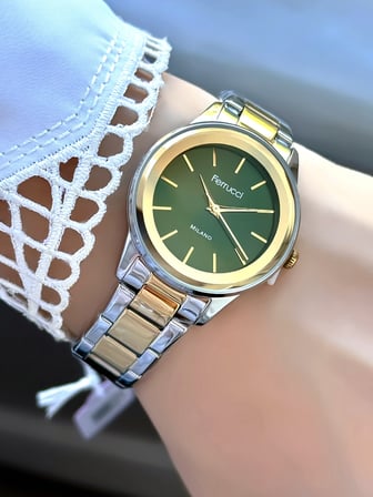Ferrucci Milano Kadın Gold Gümüş Metal Kordon Yeşil Kadran Kol Saati 2 Yıl Garantili