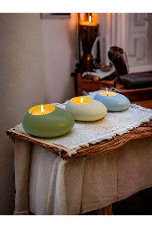 Three Drops Minimal Dekoratif Beton Tealight Mumluk 3'lü Set | Mint Yeşil-Beyaz-Baby Blue |