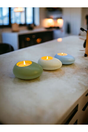 Three Drops Minimal Dekoratif Beton Tealight Mumluk 3'lü Set | Mint Yeşil-Beyaz-Baby Blue |